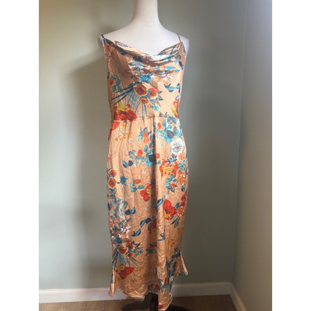 Satin Floral Cowl Slip Dress Gold/tan Orange Blue‎ Midi NWT  boho Y2K fairy